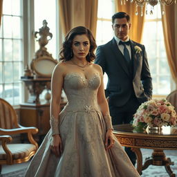 A hyper-realistic portrayal of a woman who marries for convenience, captured in vivid detail