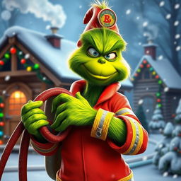 A cool and edgy 3D rendering of the Grinch dressed in a firefighter's uniform, confidently holding a fire hose with a stylish pose