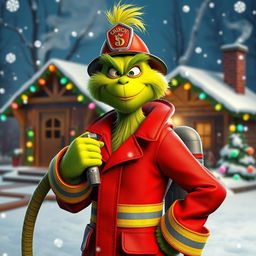 A cool and edgy 3D rendering of the Grinch dressed in a firefighter's uniform, confidently holding a fire hose with a stylish pose