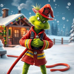 A cool and edgy 3D rendering of the Grinch dressed in a firefighter's uniform, confidently holding a fire hose with a stylish pose