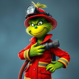 A Grinch dressed as a firefighter, confidently holding a fire hose
