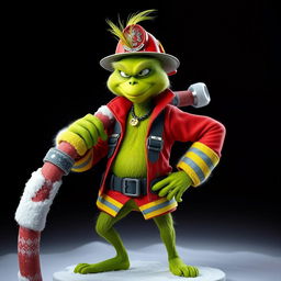 A Grinch dressed as a firefighter, confidently holding a fire hose