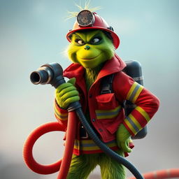 A Grinch dressed as a firefighter, confidently holding a fire hose