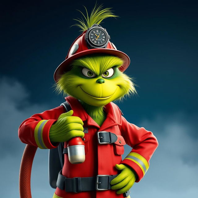 A Grinch dressed as a firefighter, confidently holding a fire hose