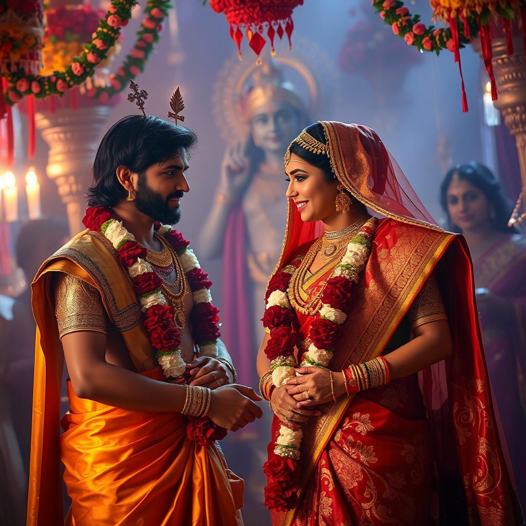 Arjun and Draupadi's wedding in the Mahabharata epic, capturing the moment of their marriage with Draupadi adorned in a stunning saree embellished with intricate designs, sparkling gold ornaments, and vibrant flowers