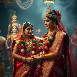 Arjun and Draupadi's wedding in the Mahabharata epic, capturing the moment of their marriage with Draupadi adorned in a stunning saree embellished with intricate designs, sparkling gold ornaments, and vibrant flowers