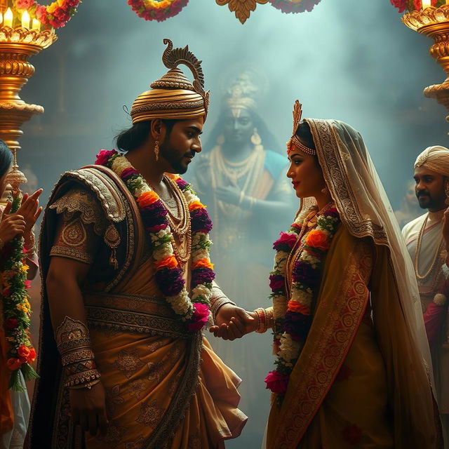 Arjun and Draupadi's wedding in the Mahabharata epic, capturing the moment of their marriage with Draupadi adorned in a stunning saree embellished with intricate designs, sparkling gold ornaments, and vibrant flowers
