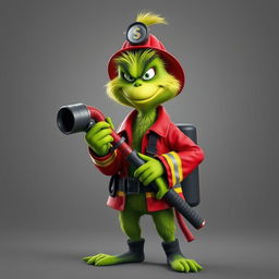 A Grinch dressed as a firefighter, confidently holding a fire hose with a cool and tough expression