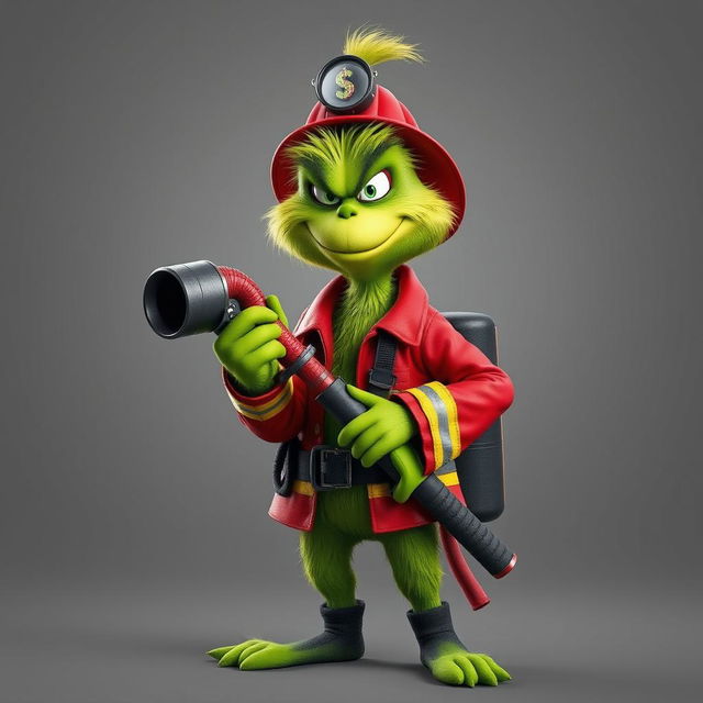 A Grinch dressed as a firefighter, confidently holding a fire hose with a cool and tough expression