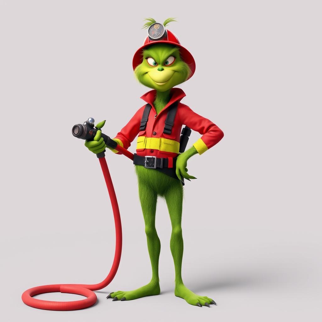 A Grinch dressed as a firefighter, confidently holding a fire hose with a cool and tough expression