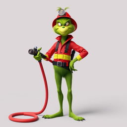 A Grinch dressed as a firefighter, confidently holding a fire hose with a cool and tough expression