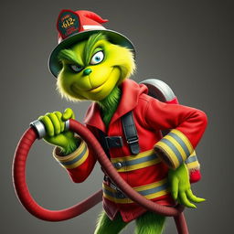 A Grinch dressed as a firefighter, confidently holding a fire hose with a cool and tough expression