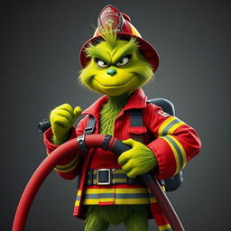 A Grinch dressed as a firefighter, confidently holding a fire hose with a cool and tough expression