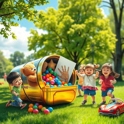 A vibrant and imaginative depiction of a time capsule from childhood, set in an idyllic park during a sunny day