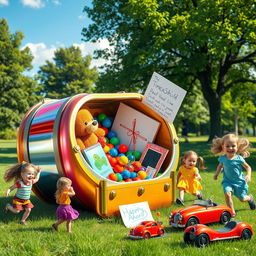 A vibrant and imaginative depiction of a time capsule from childhood, set in an idyllic park during a sunny day