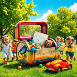 A vibrant and imaginative depiction of a time capsule from childhood, set in an idyllic park during a sunny day