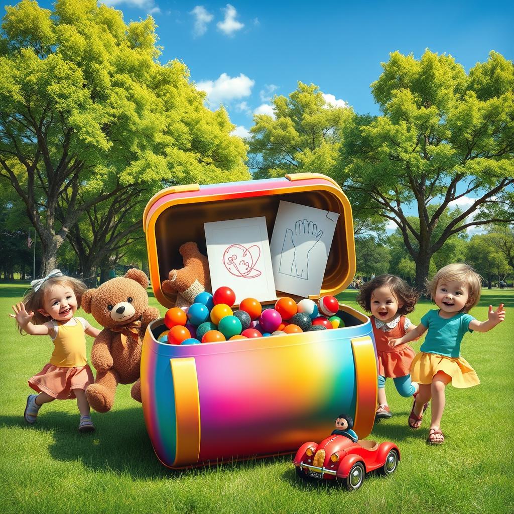 A vibrant and imaginative depiction of a time capsule from childhood, set in an idyllic park during a sunny day
