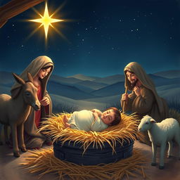 In a serene and rustic setting depicting the nativity scene, Baby Jesus lies peacefully in a wooden manger surrounded by soft hay, illuminated by a soft golden light emanating from a glowing star in the night sky