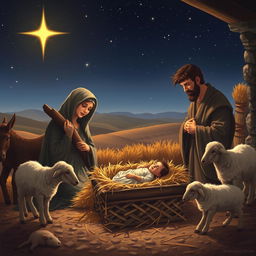 In a serene and rustic setting depicting the nativity scene, Baby Jesus lies peacefully in a wooden manger surrounded by soft hay, illuminated by a soft golden light emanating from a glowing star in the night sky