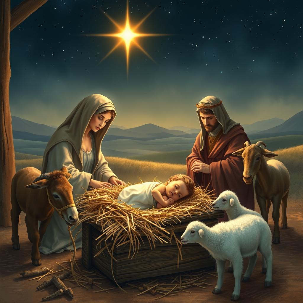 In a serene and rustic setting depicting the nativity scene, Baby Jesus lies peacefully in a wooden manger surrounded by soft hay, illuminated by a soft golden light emanating from a glowing star in the night sky