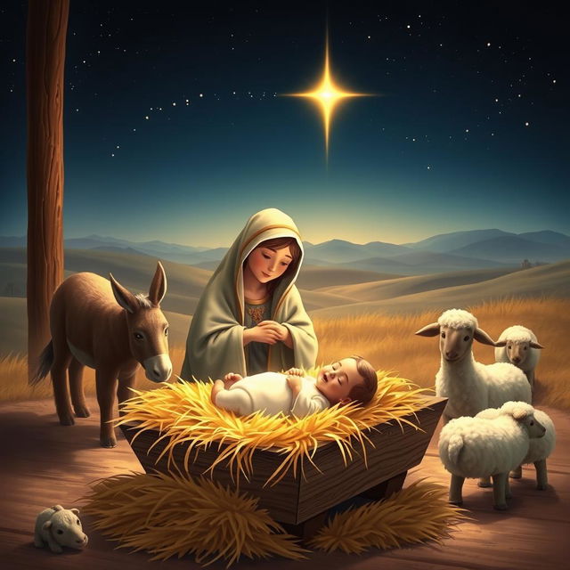 In a serene and rustic setting depicting the nativity scene, Baby Jesus lies peacefully in a wooden manger surrounded by soft hay, illuminated by a soft golden light emanating from a glowing star in the night sky