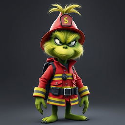 A Grinch dressed as a firefighter, sporting a cool and tough expression