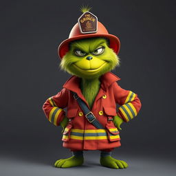 A Grinch dressed as a firefighter, sporting a cool and tough expression