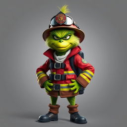 A Grinch dressed as a firefighter, sporting a cool and tough expression
