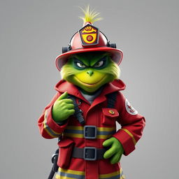 A Grinch dressed as a firefighter, sporting a cool and tough expression
