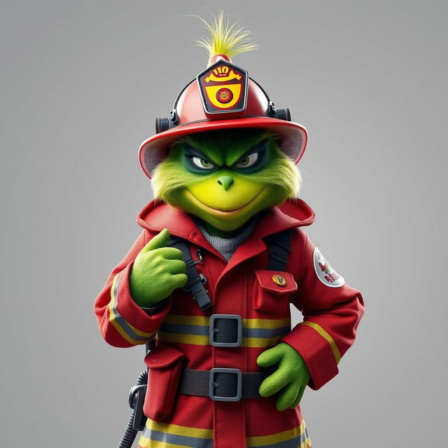 A Grinch dressed as a firefighter, sporting a cool and tough expression