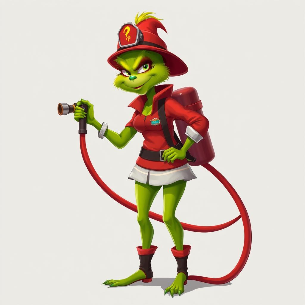 A female Grinch dressed as a firefighter, confidently holding a fire hose