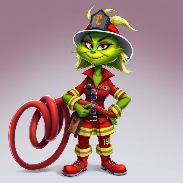 A female Grinch dressed as a firefighter, confidently holding a fire hose