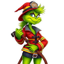 A female Grinch dressed as a firefighter, confidently holding a fire hose