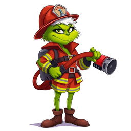 A female Grinch dressed as a firefighter, confidently holding a fire hose