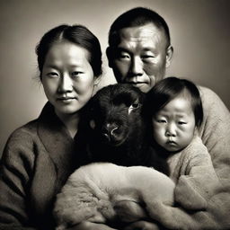 A high-resolution photograph capturing a distinctive family of three