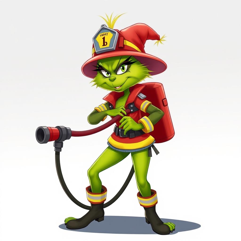 A female Grinch dressed as a firefighter, confidently posing with a fire hose and displaying a cool and tough expression