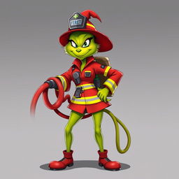 A female Grinch dressed as a firefighter, confidently posing with a fire hose and displaying a cool and tough expression