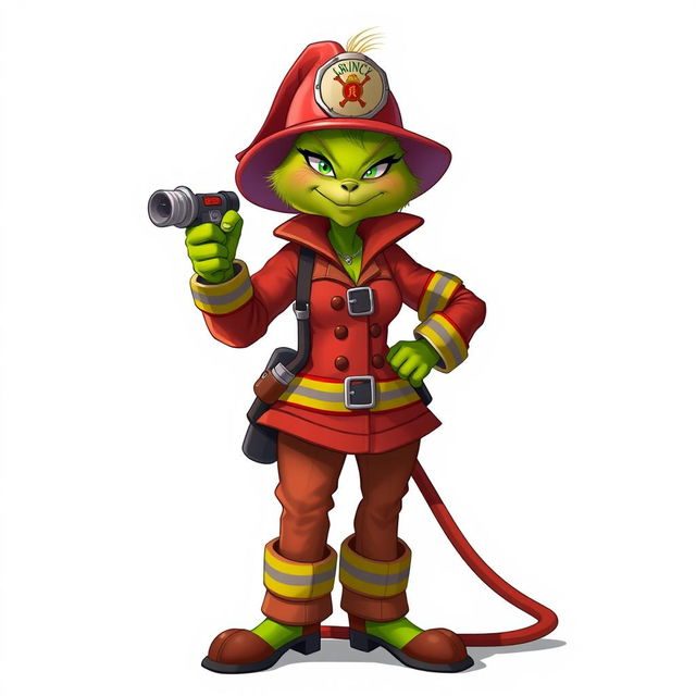 A female Grinch dressed as a firefighter, confidently posing with a fire hose and displaying a cool and tough expression