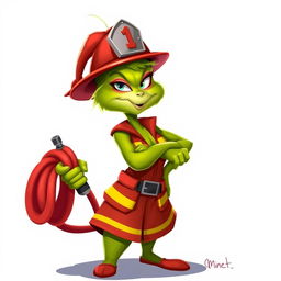 A female Grinch dressed as a firefighter, confidently posing with a fire hose and displaying a cool and tough expression