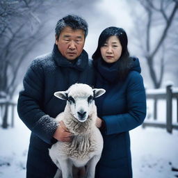 A high-definition photograph presents a unique family of three in a snowy, icy environment