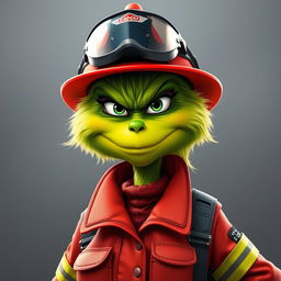 A female Grinch in a firefighter outfit, showcasing a cool and tough facial expression