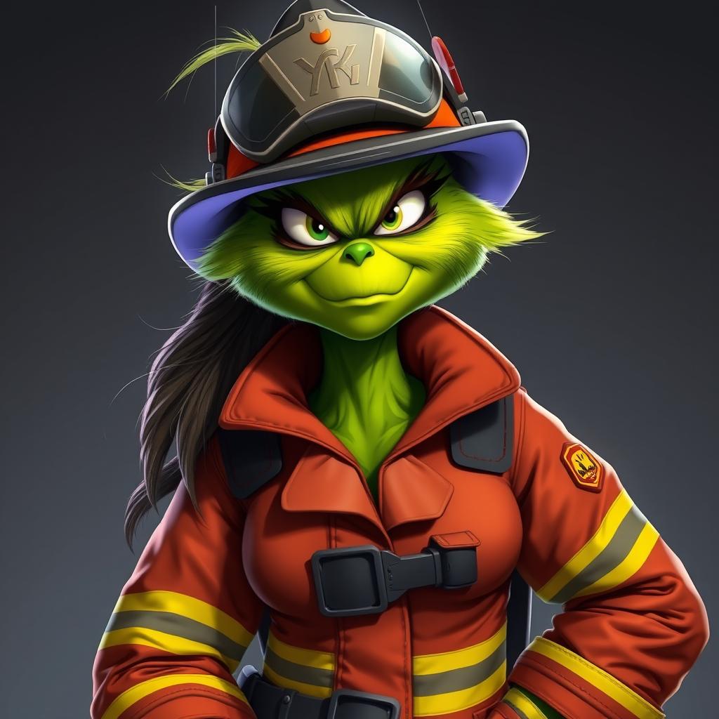 A female Grinch in a firefighter outfit, showcasing a cool and tough facial expression