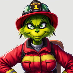A female Grinch in a firefighter outfit, showcasing a cool and tough facial expression