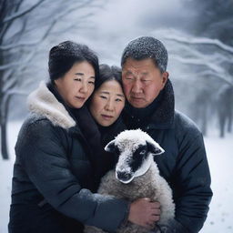 A high-definition photograph presents a unique family of three in a snowy, icy environment