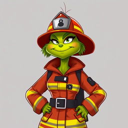 A female Grinch in a firefighter costume, featuring a cool and confident facial expression