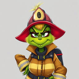 A female Grinch in a firefighter costume, featuring a cool and confident facial expression