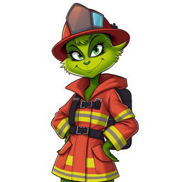 A female Grinch in a firefighter costume, featuring a cool and confident facial expression