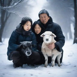 A high-definition photograph presents a unique family of three in a snowy, icy environment