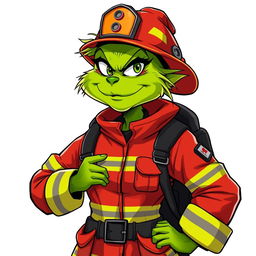 A female Grinch in a firefighter costume, featuring a cool and confident facial expression