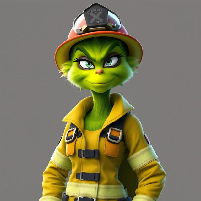 A female Grinch in a firefighter outfit, sporting a cool and edgy facial expression